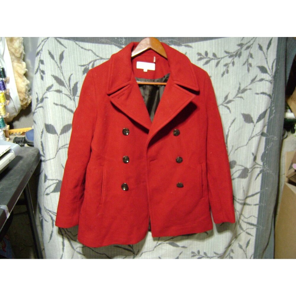 Calvin Klein Red Long Sleeve Wool Blend Polyester Lined Pea Coat Size 10